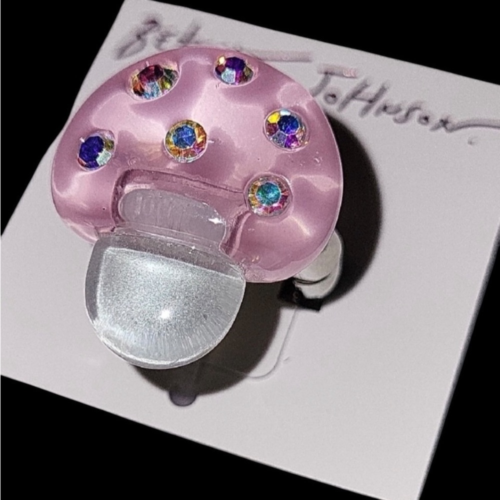 BETSEY JOHNSON Crystal-Studded Boho Acrylic Magic Mushroom Stretch Ring NEW NWT - Picture 3 of 8